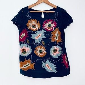 Anthropologie Deletta Navy Blue Embellished Floral Top Lace Cap Sleeves
